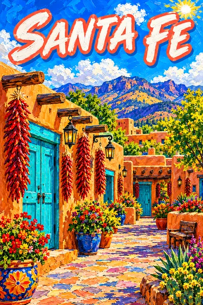 Portrait diamond painting kit depicting a sunny Santa Fe adobe plaza with turquoise doors, red chili ristras, lanterns, and desert mountains under a b