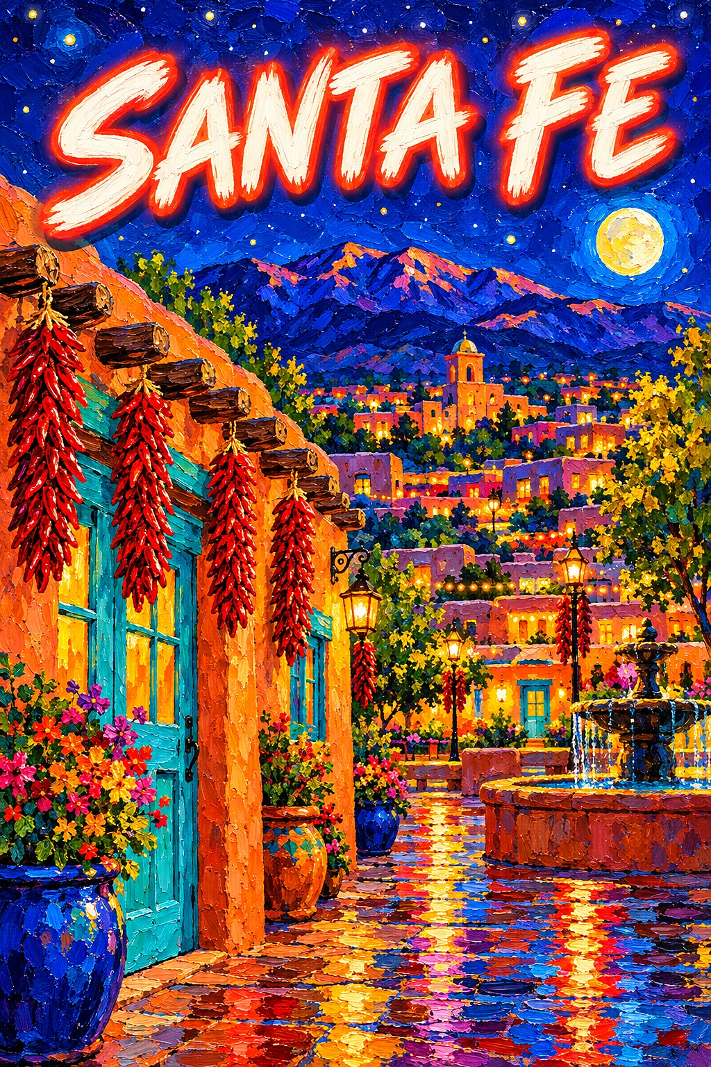 Portrait diamond painting kit of a vibrant Santa Fe plaza at night with adobe buildings, turquoise doors, chili ristras, lanterns, desert mountains, s
