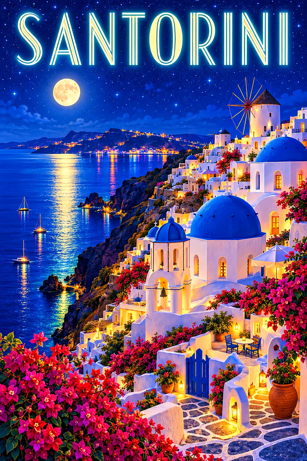 Portrait diamond painting of a whitewashed cliff village with blue domes and bougainvillea in Santorini, Greece, at night under a starry indigo sky wi