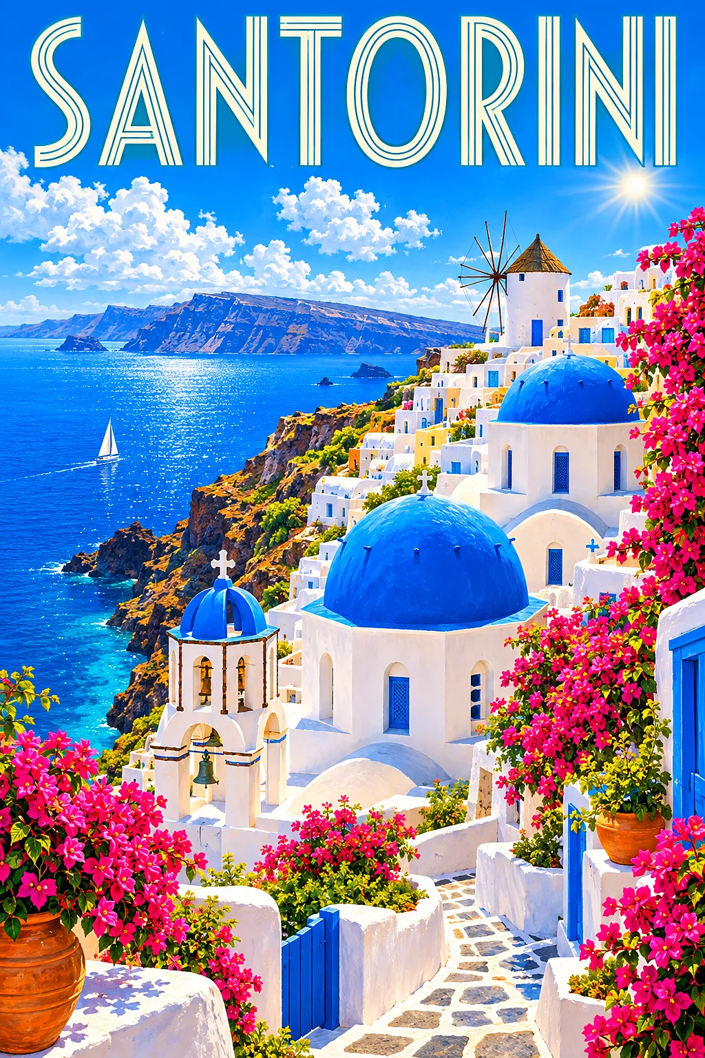 Portrait diamond painting of a whitewashed village on a cliff overlooking a deep blue sea under a bright blue sky, with blue domes, bougainvillea, and