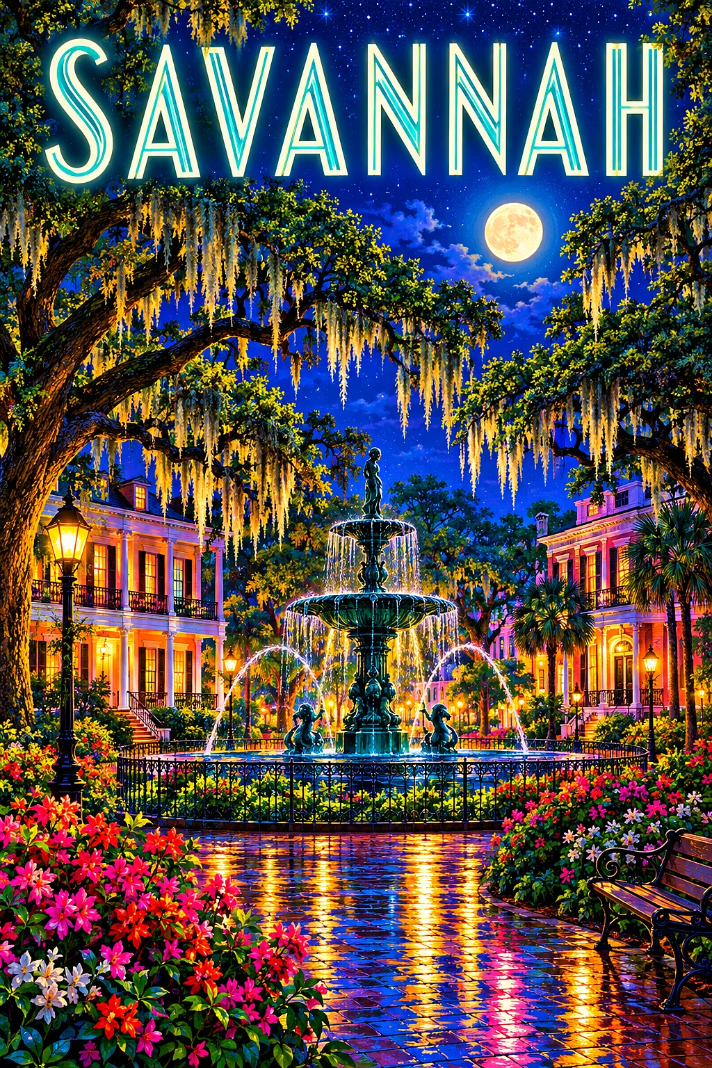 Portrait view of a historic Southern city square at night, with live oaks, a fountain, and antebellum mansions under a glowing moon and starry sky.