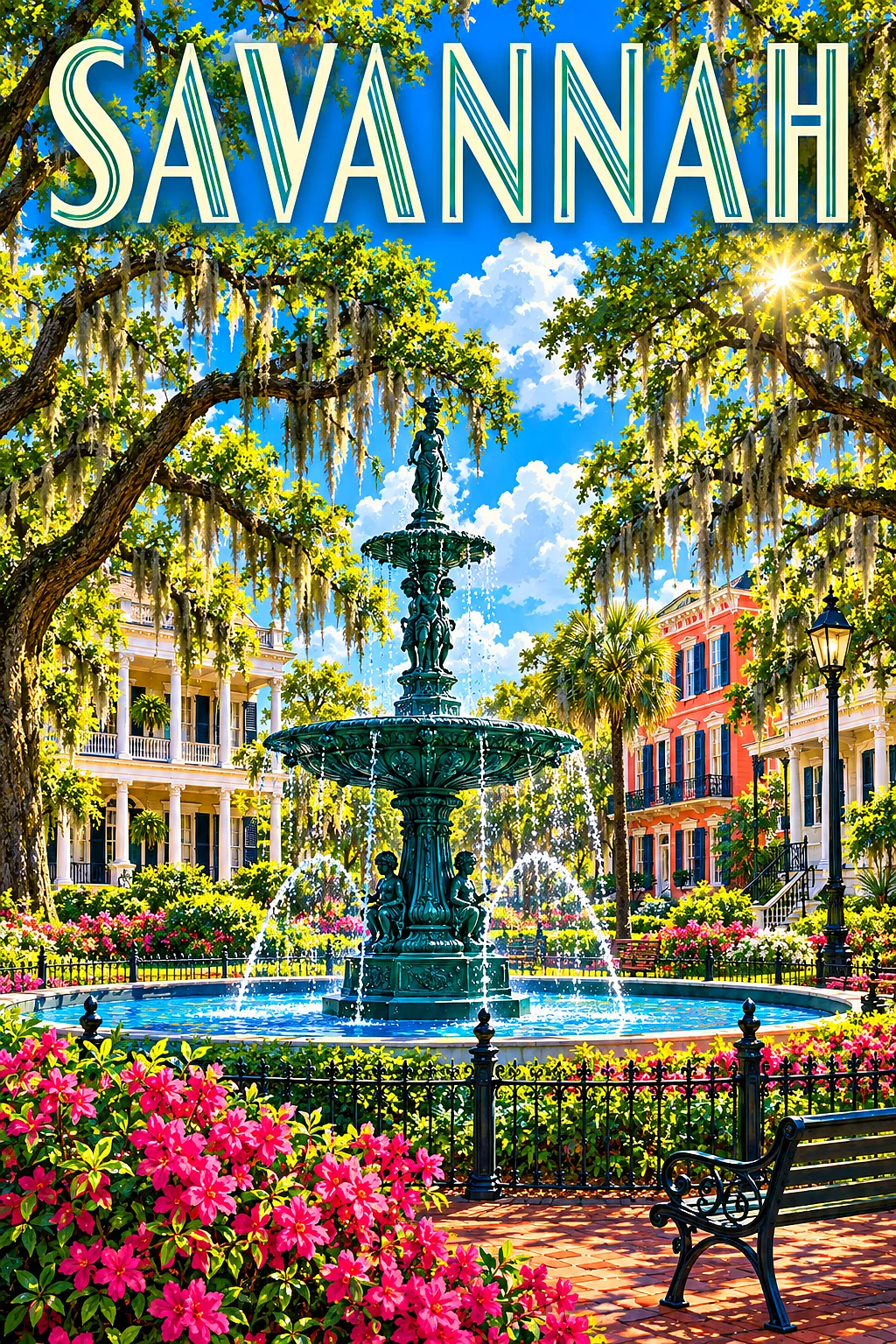 A bright, sunny portrait diamond painting featuring a historic city square with live oaks, Spanish moss, a cast-iron fountain, and antebellum mansions