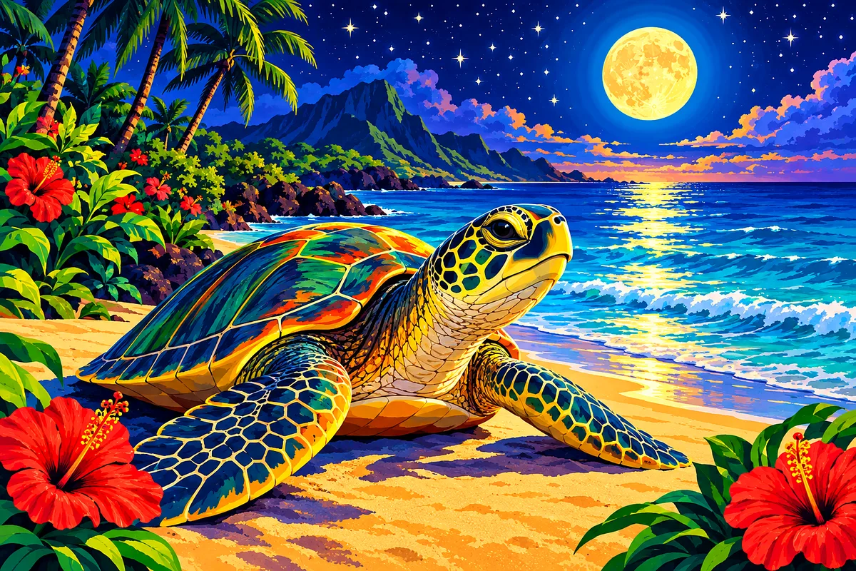 Sea turtle on a tropical beach glowing under moonlight and stars, retro vintage travel poster illustration