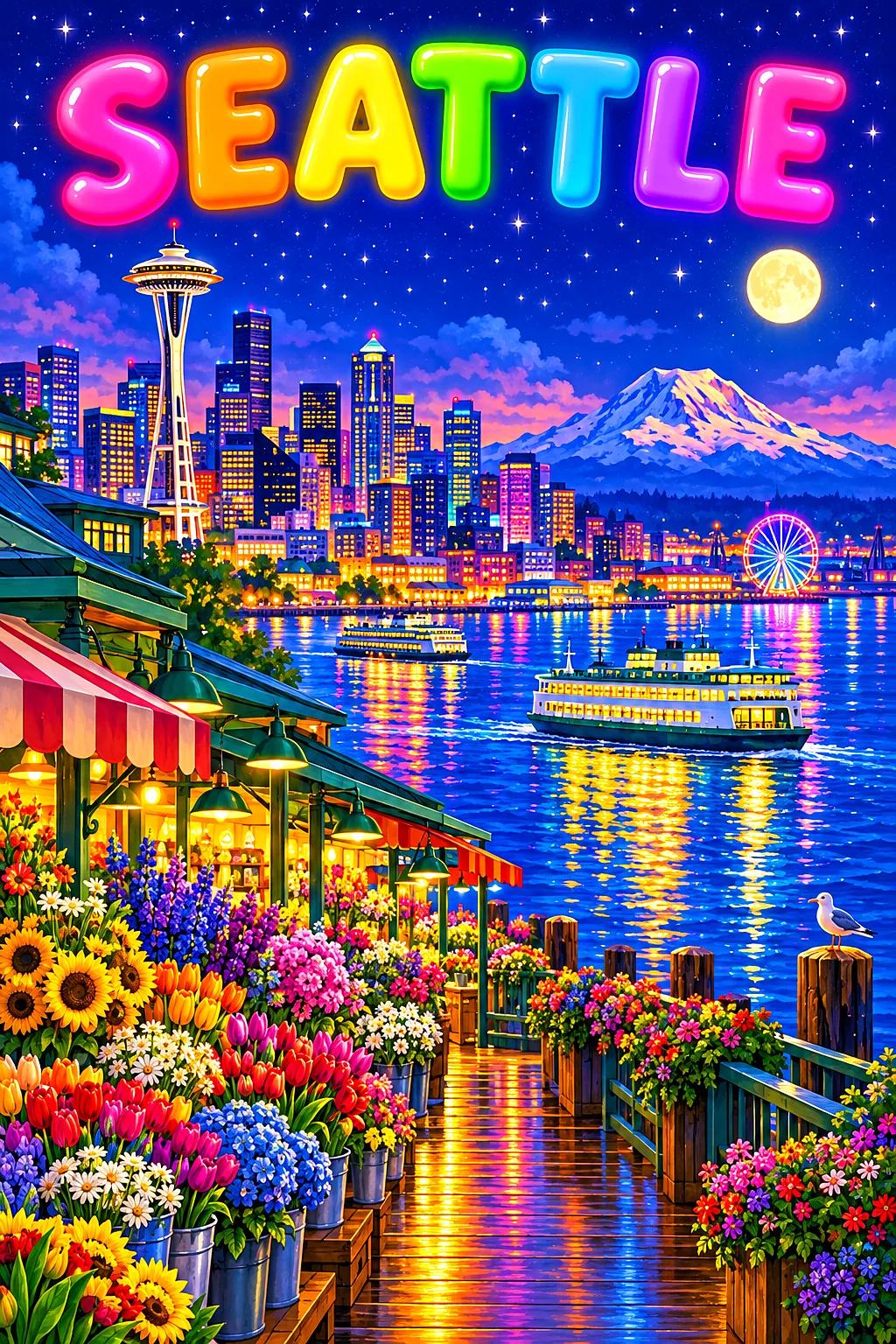 A whimsical, colorful diamond painting depicting a harbor city at night, with glowing market stalls, ferries, a snowcapped volcano, and a starry indig