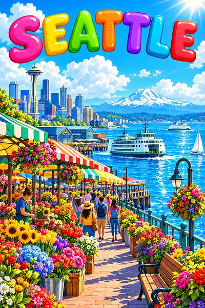 Whimsical illustration of a sunny harbor city with flower stalls, ferries on blue water, and a snowcapped volcano in the distance, under a bright blue