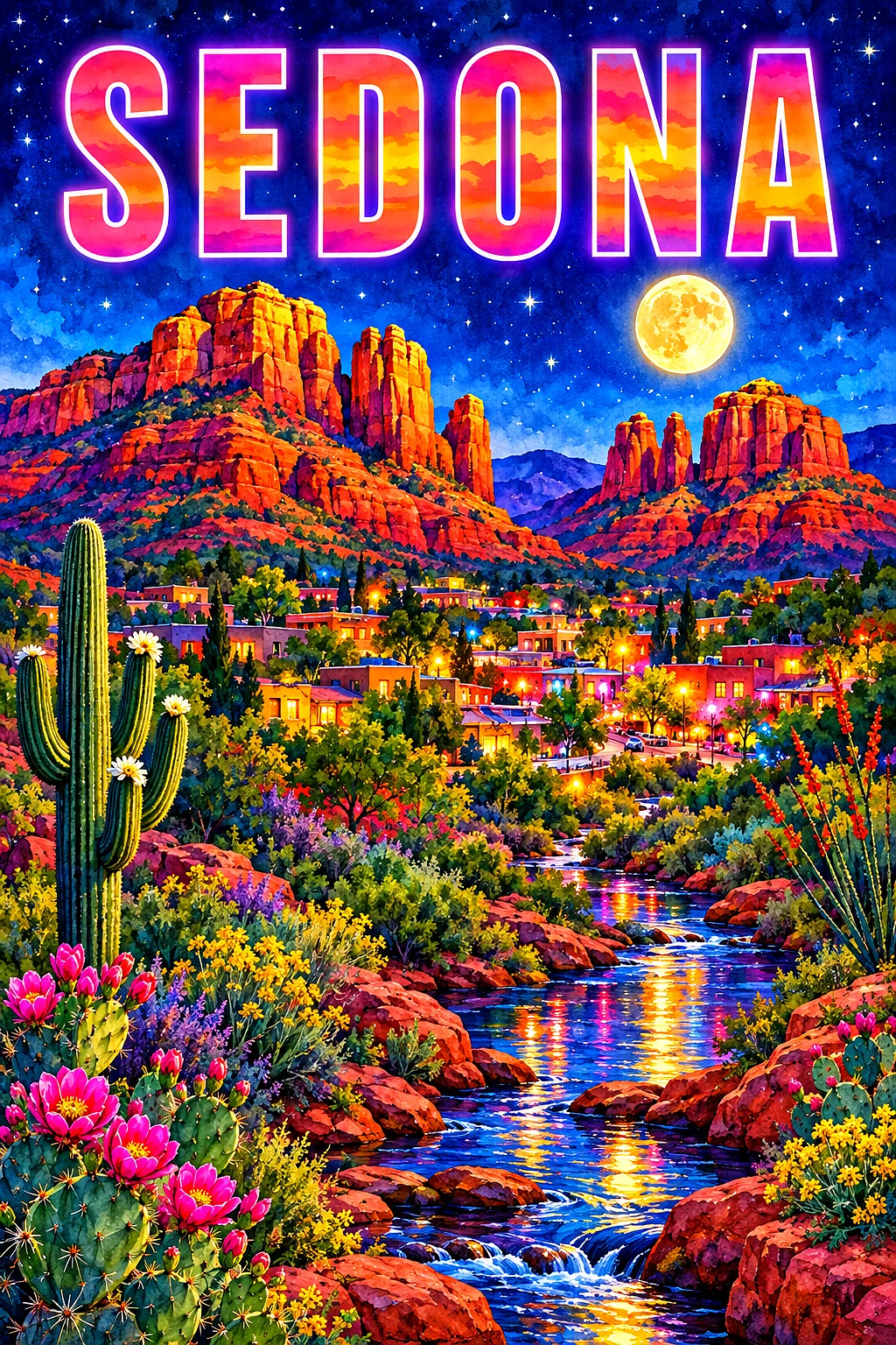 Sedona by night USA: a small desert town nestled between glowing red rock buttes with blooming cactus and a winding creek, at