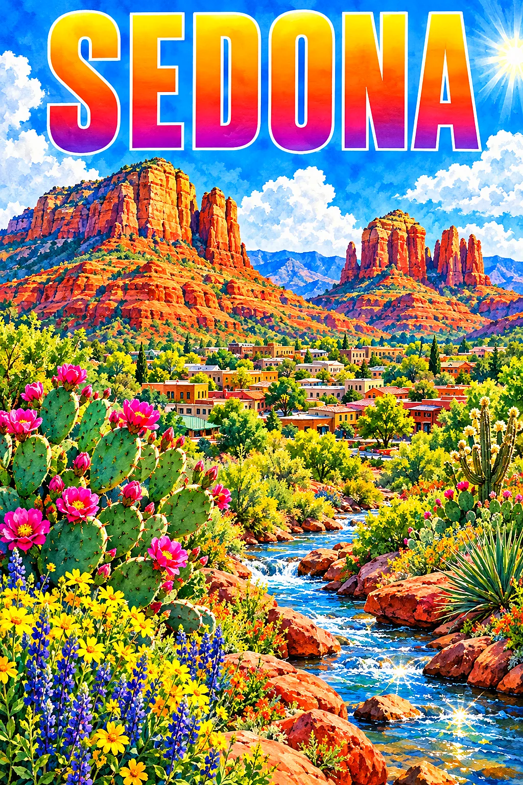 Portrait diamond painting depicting glowing red rock buttes, blooming cacti, a winding creek, and a bright blue sky with fluffy clouds on a sunny day.