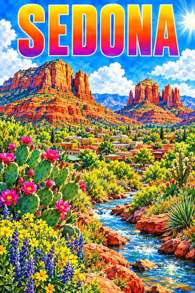 Portrait diamond painting depicting glowing red rock buttes, blooming cacti, a winding creek, and a bright blue sky with fluffy clouds on a sunny day.