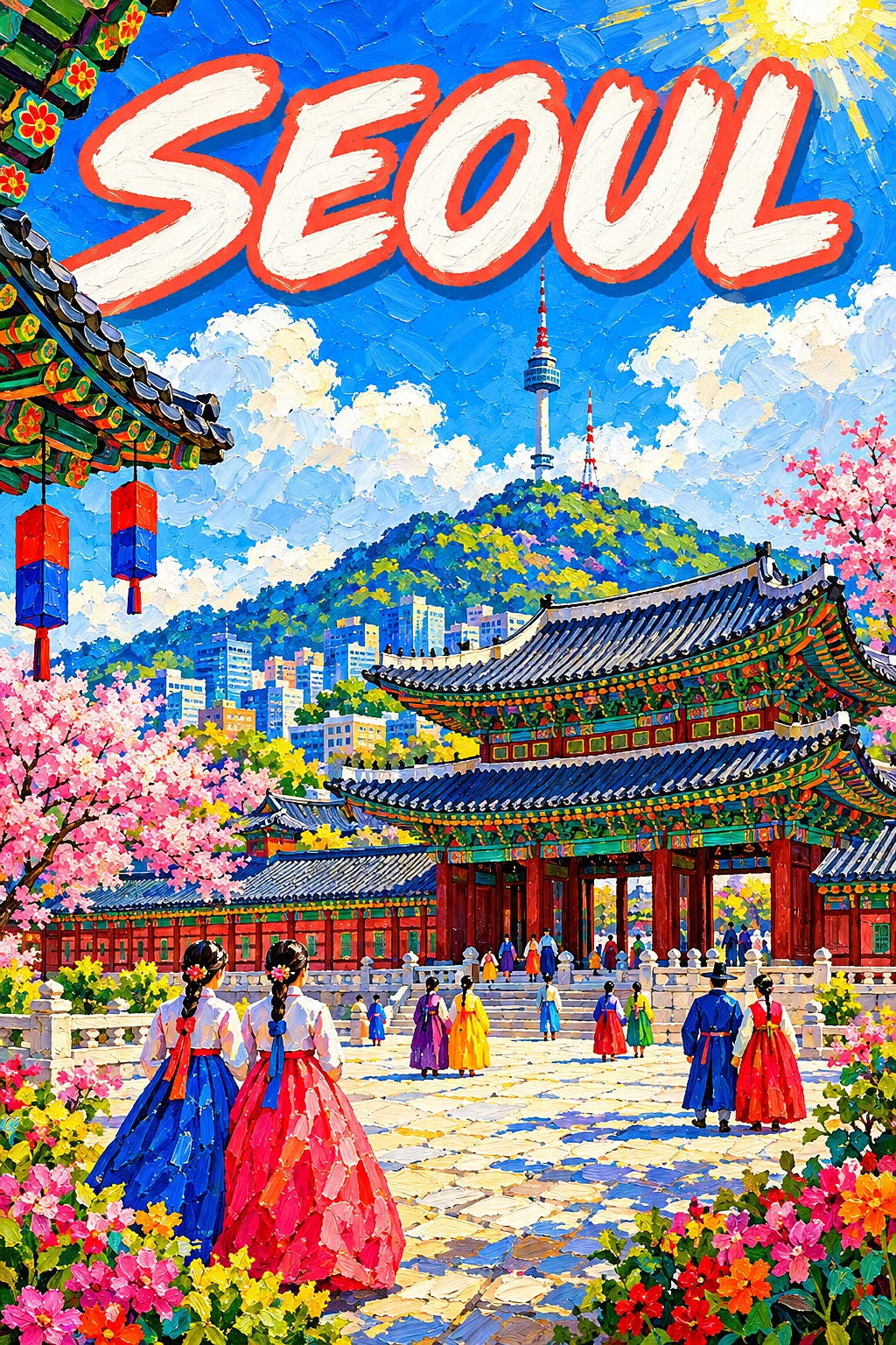 Seoul by day South Korea: a palace courtyard with curved tiled roofs, lanterns, a mountain tower and people in hanbok, on a b