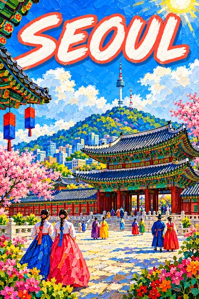 Seoul by day South Korea: a palace courtyard with curved tiled roofs, lanterns, a mountain tower and people in hanbok, on a b