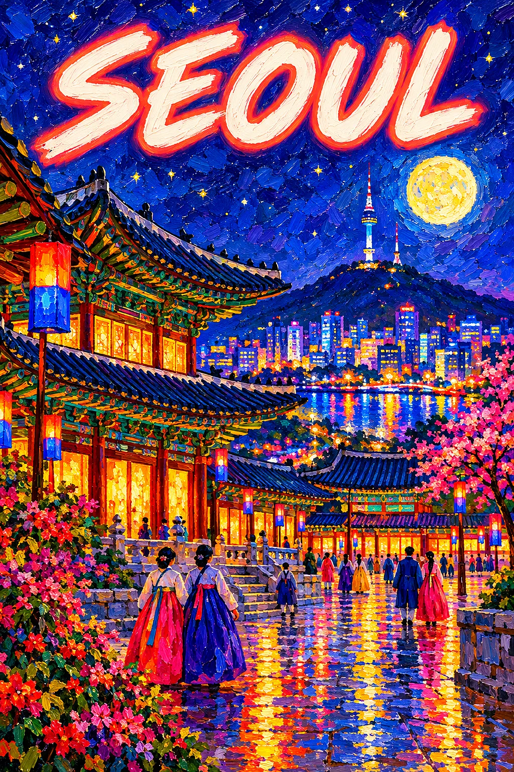 Portrait diamond painting of a palace courtyard at night, curved roofs, lanterns, mountain tower, people in hanbok, starry indigo sky, glowing moon, w