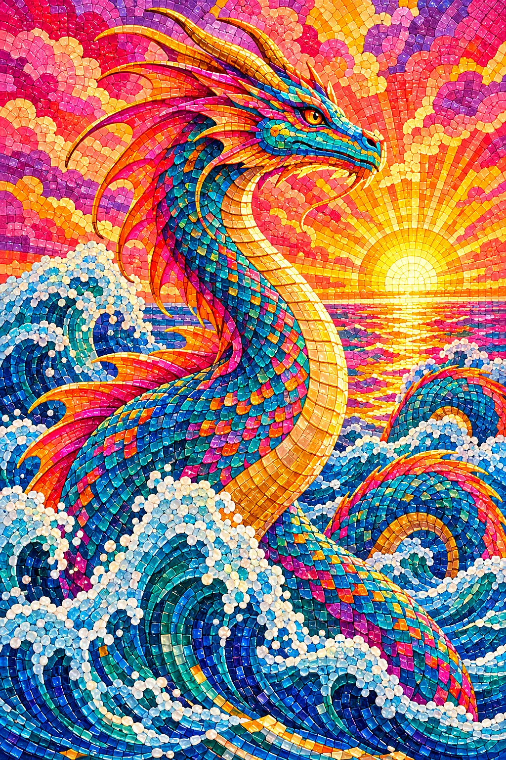 Portrait diamond painting of a powerful sea serpent in a stormy ocean, rendered in a glossy ceramic mosaic style with pink, orange, and gold sunrise c