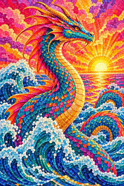 Portrait diamond painting of a powerful sea serpent in a stormy ocean, rendered in a glossy ceramic mosaic style with pink, orange, and gold sunrise c
