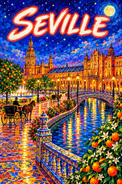 Portrait diamond painting kit featuring a moonlit semicircular plaza with painted tiles, a canal, horse carriages, orange blossoms, glowing windows, a