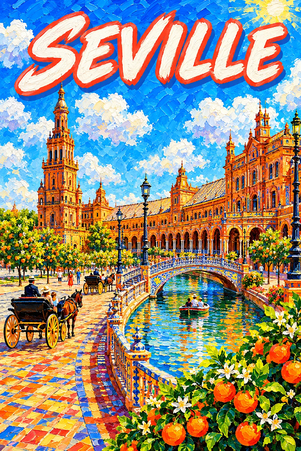 A completed diamond painting kit showing a bright, sunny Spanish plaza with painted tiles, a canal, horse carriages, and orange blossoms under a blue