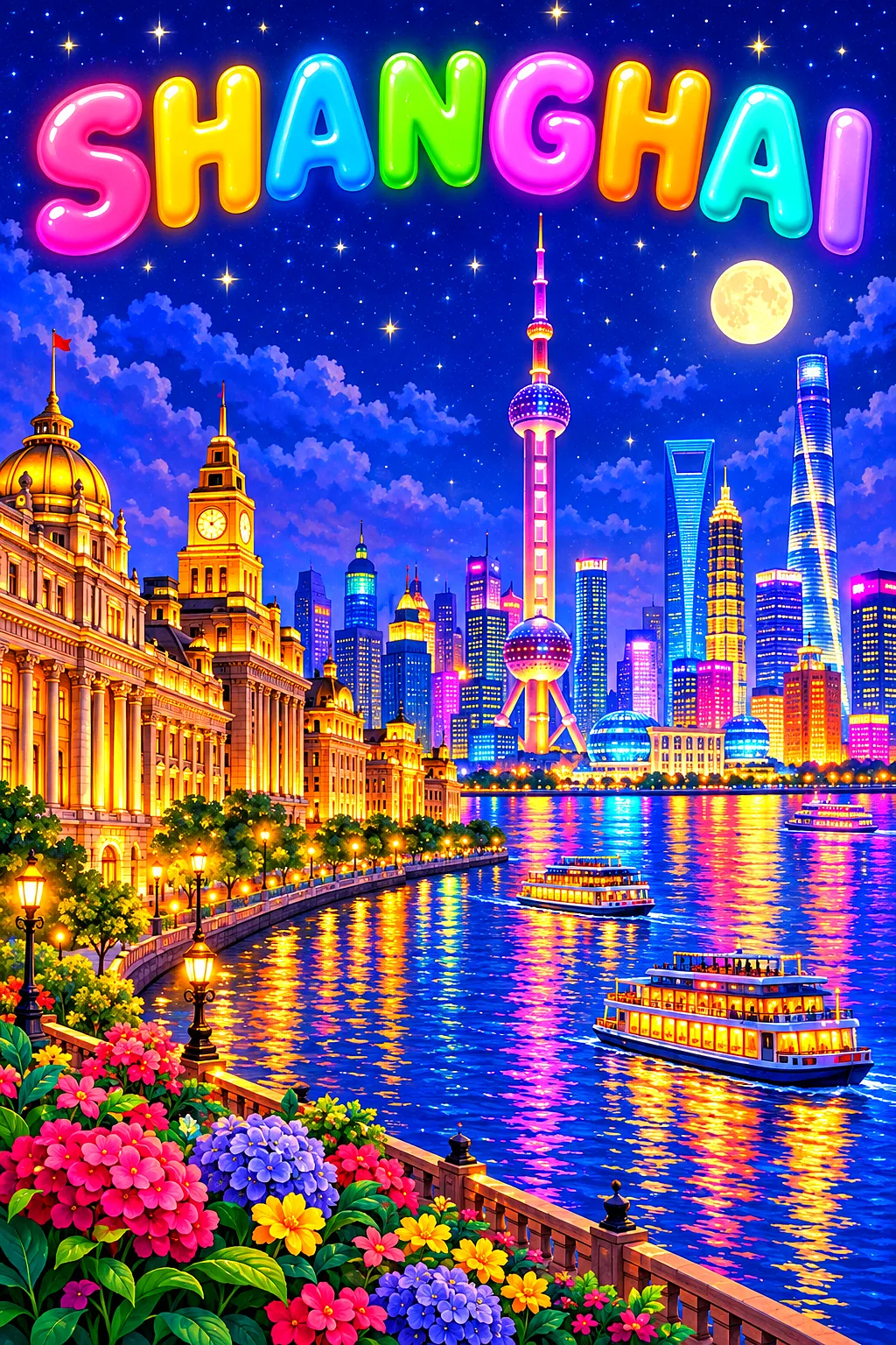 A portrait-oriented diamond painting kit design showing a whimsical, glowing depiction of a Shanghai riverfront at night. Historic colonnaded building