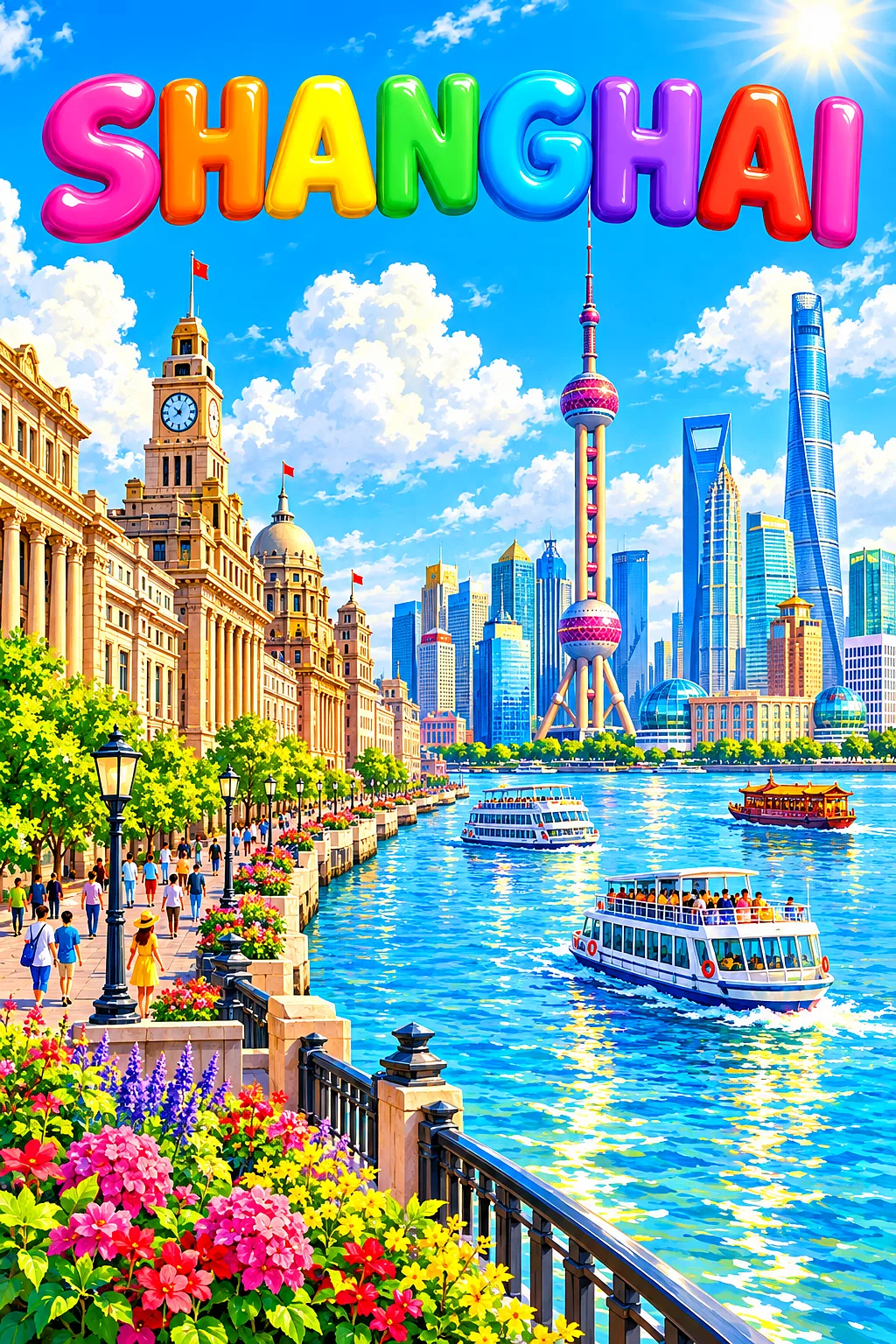 Whimsical storybook illustration of Shanghai's riverfront with historic buildings and futuristic skyline under a bright blue sky with fluffy clouds, s