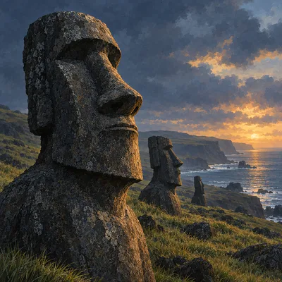 Close-up square diamond painting of ancient monolithic stone heads on a grassy coast, bathed in moody blue and grey light with amber highlights.