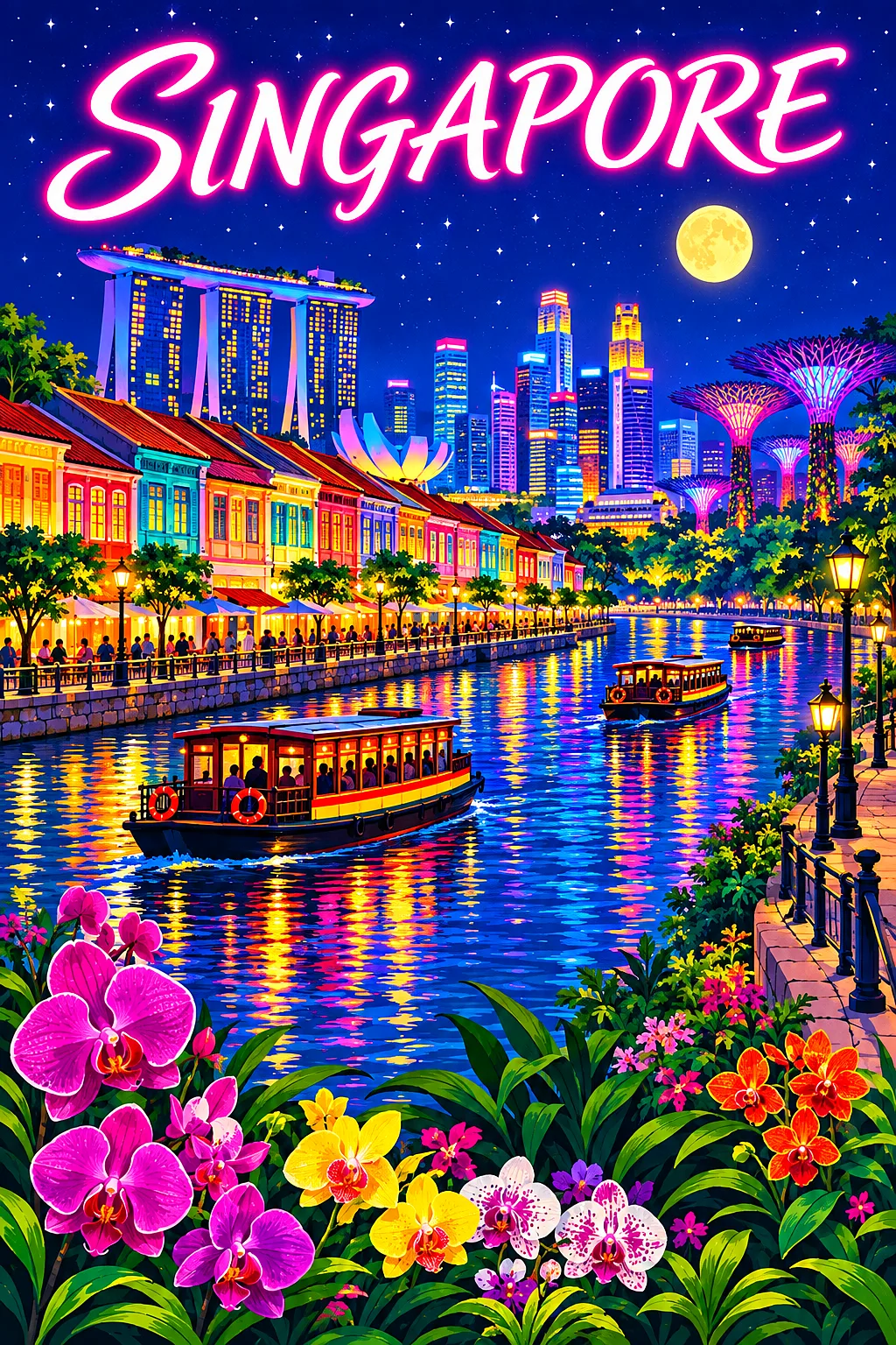 Retro vintage illustration of Singapore waterfront at night with shophouses, bumboats, glowing city lights, moon, and stars.