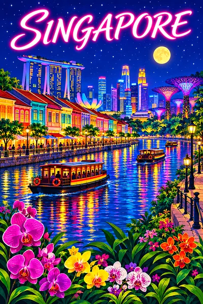 Retro vintage illustration of Singapore waterfront at night with shophouses, bumboats, glowing city lights, moon, and stars.