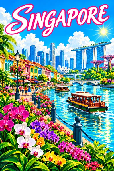 Portrait diamond painting kit featuring a retro illustration of Singapore's colorful waterfront with shophouses, bumboats, and orchid gardens under a