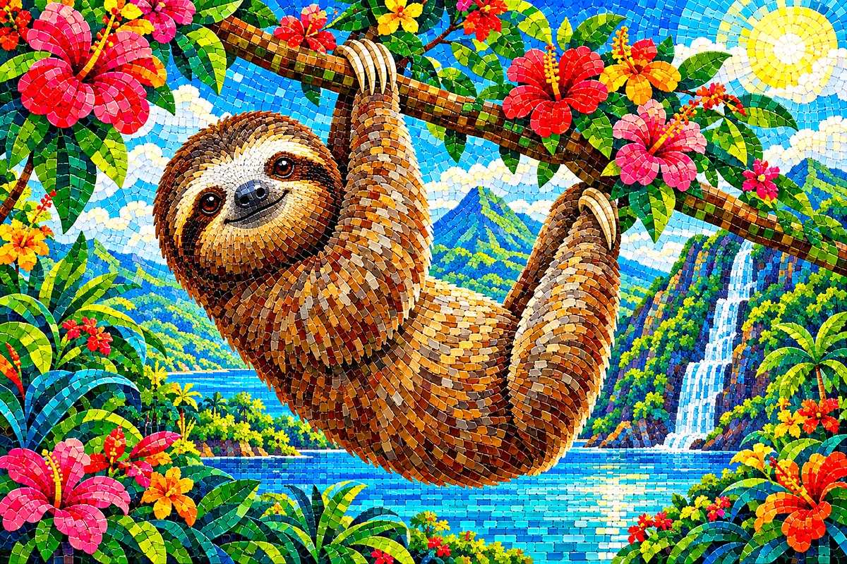 Glossy ceramic mosaic style diamond painting featuring a cute sloth hanging from a flowering branch in a wide, scenic landscape.