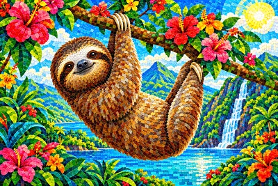 Glossy ceramic mosaic style diamond painting featuring a cute sloth hanging from a flowering branch in a wide, scenic landscape.