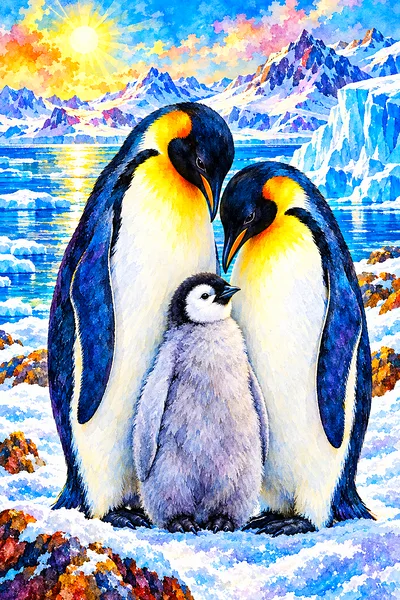 Portrait orientation diamond painting kit featuring a luminous watercolor illustration of a penguin family standing together in sparkling snow on a br