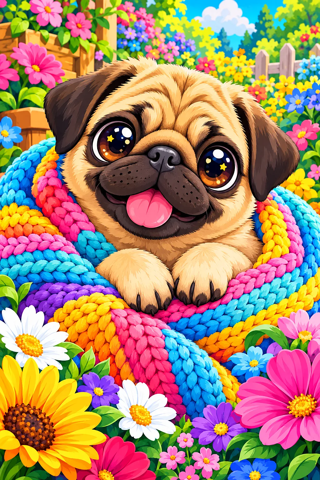 Portrait diamond painting of a kawaii pug with big sparkling eyes in a pink knitted blanket, surrounded by colorful flowers on a light background.