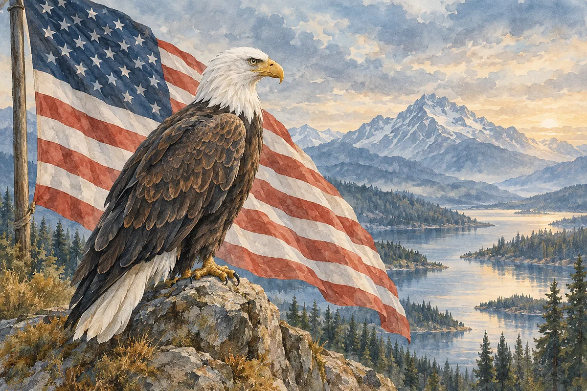A landscape diamond painting featuring a bald eagle soaring against a muted American flag backdrop, rendered in delicate slate blue, grey, and soft oc