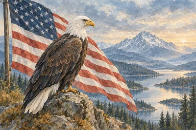 A landscape diamond painting featuring a bald eagle soaring against a muted American flag backdrop, rendered in delicate slate blue, grey, and soft oc