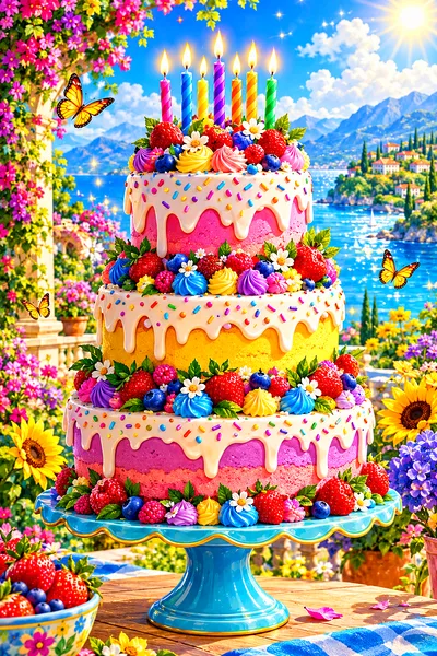 A vibrant diamond painting depicting a tall, layered birthday cake with lit candles, glowing with magical light and sparkling effects under a bright s
