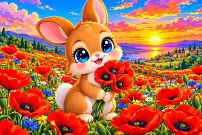 Close-up of a finished diamond painting kit depicting a cartoon poppy field under a vivid blue sunset sky with sparkling eyed poppies and rounded shap