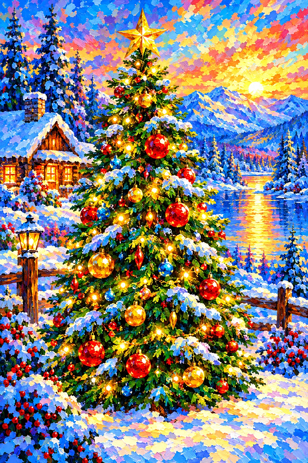 A completed diamond painting depicting an impressionistic christmas tree with glowing ornaments and dappled light on a sparkling winter day, in portra