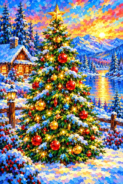 A completed diamond painting depicting an impressionistic christmas tree with glowing ornaments and dappled light on a sparkling winter day, in portra