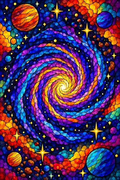 Spiral galaxy in purple and blue with rich autumn tones, jewel-toned stained glass mosaic