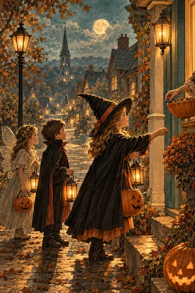An antique hand-tinted vintage illustration in soft sepia, cream, and faded teal tones of trick-or-treaters walking on a lantern-lit street, with dram