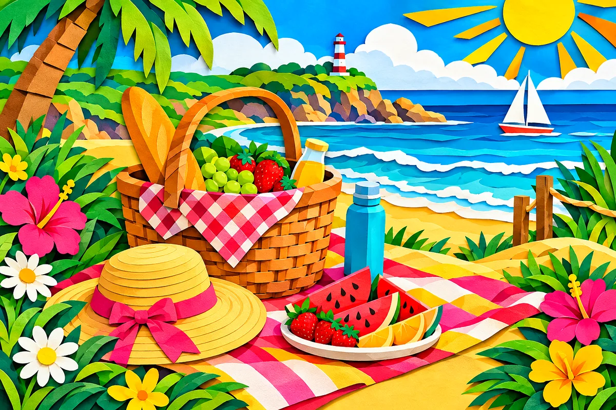 Layered papercut style diamond painting depicting a spring beach picnic scene with bright colors and deep shadows, landscape orientation.