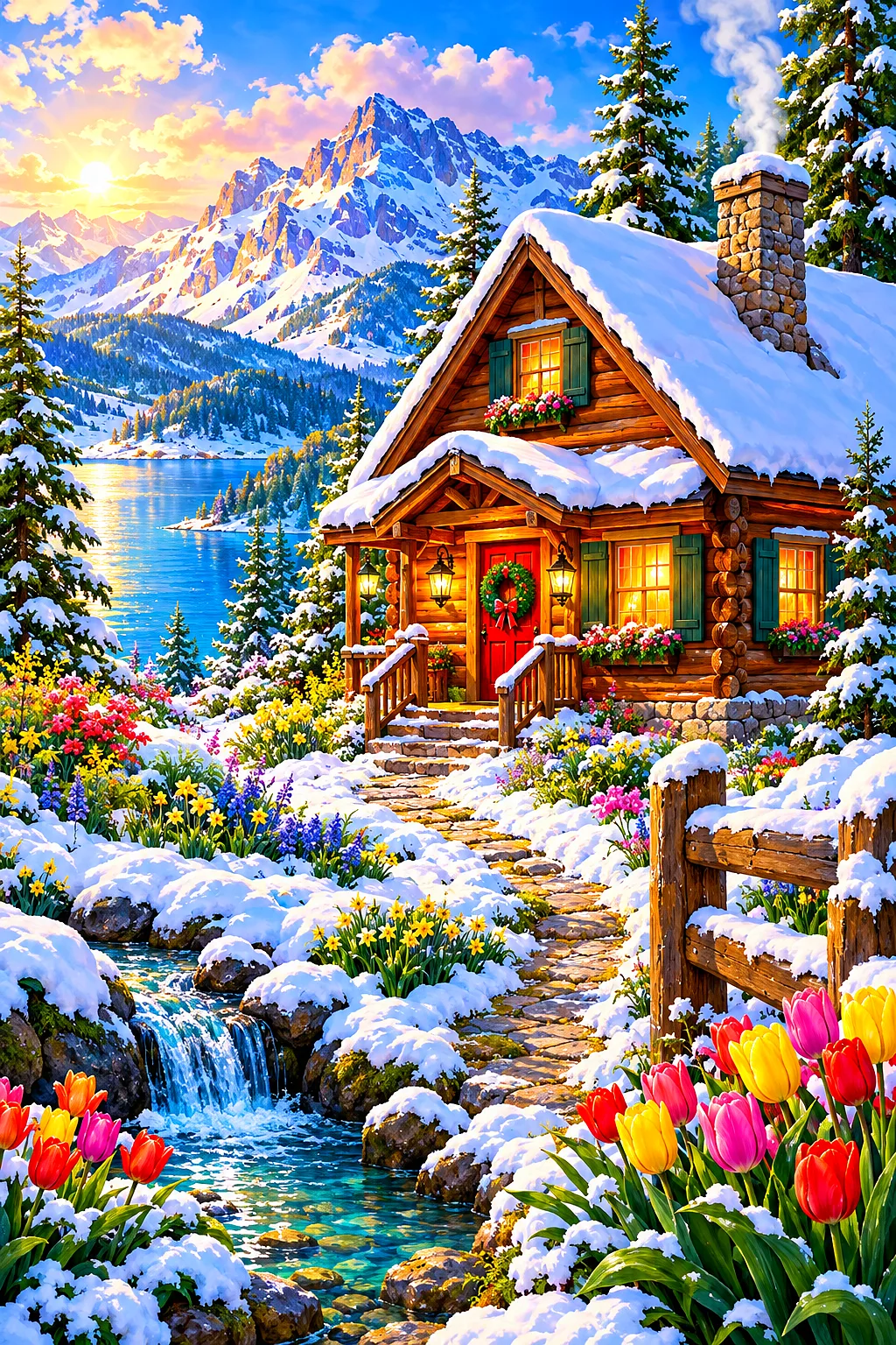 A cozy cabin nestled in a vibrant spring landscape under a luminous sky, with cinematic lighting and rich, saturated colors.