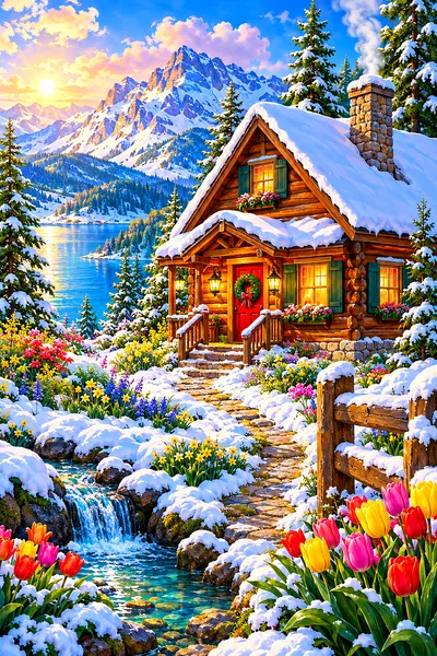 A cozy cabin nestled in a vibrant spring landscape under a luminous sky, with cinematic lighting and rich, saturated colors.