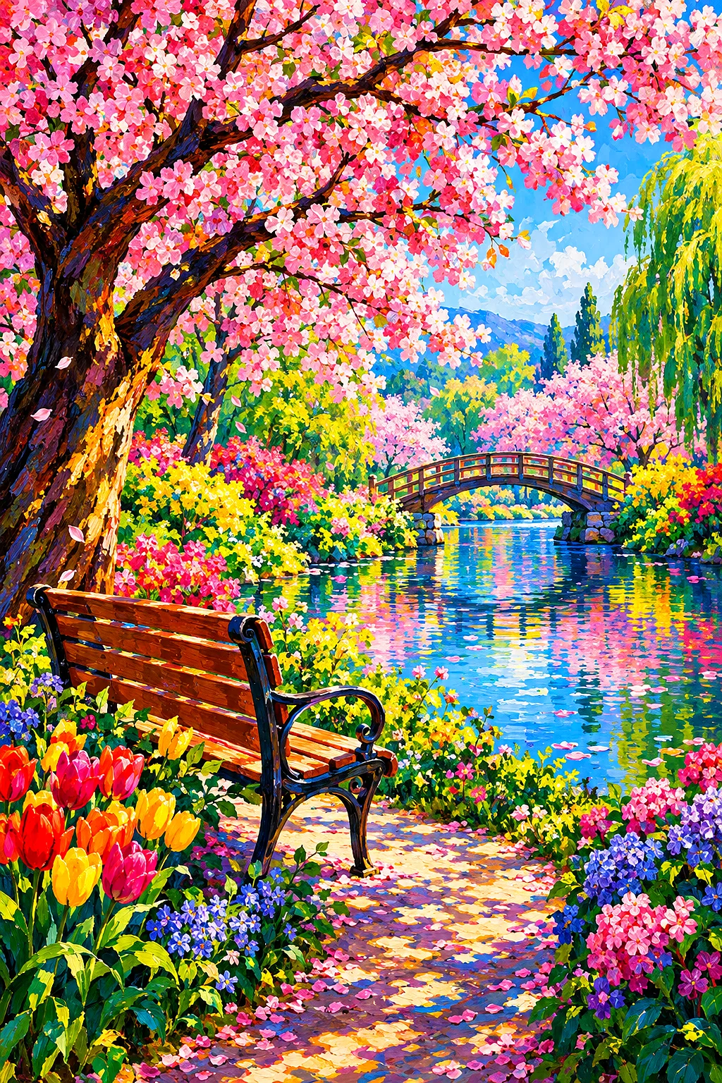 Impressionistic painting of a cherry blossom park in springtime, with dappled light on pink and white blossoms and colorful flowers surrounding the pa
