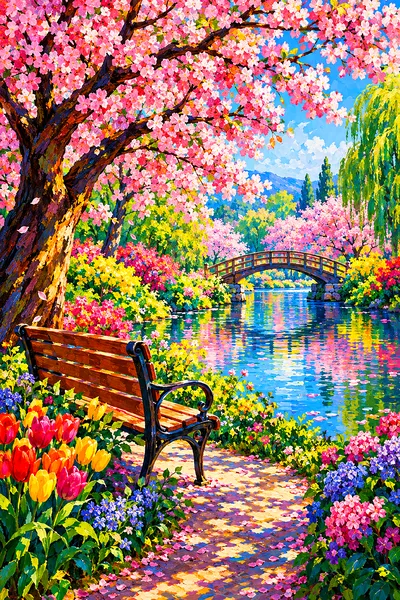 Impressionistic painting of a cherry blossom park in springtime, with dappled light on pink and white blossoms and colorful flowers surrounding the pa