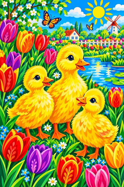 Bright folk art diamond painting kit showing fluffy yellow ducklings exploring a garden filled with red, pink, and yellow tulips under a clear blue sk