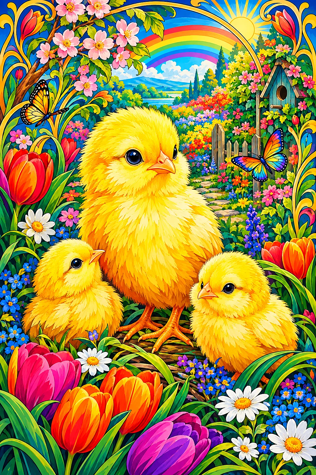 A completed diamond painting kit showing a spring garden in Art Nouveau style with rich jewel tones. Baby chicks are nestled among rainbow-colored flo