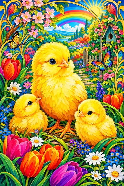A completed diamond painting kit showing a spring garden in Art Nouveau style with rich jewel tones. Baby chicks are nestled among rainbow-colored flo
