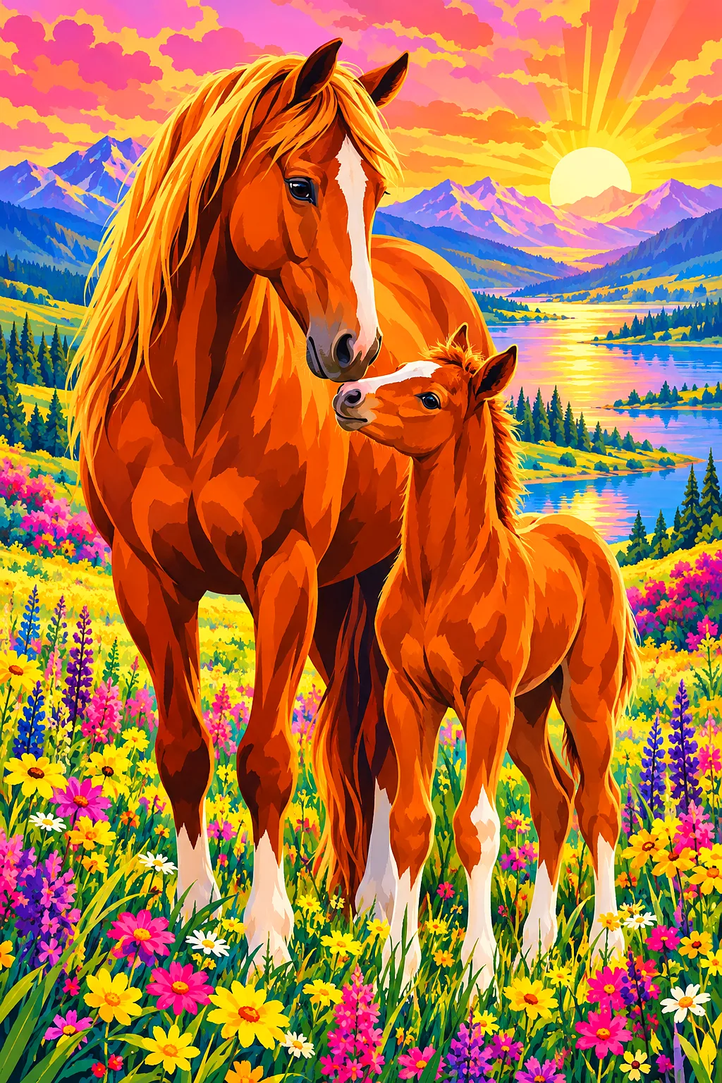 Portrait diamond painting of a mare and foal in a pink, orange, and gold spring meadow, illustrated in a retro vintage style with bold, simplified sha