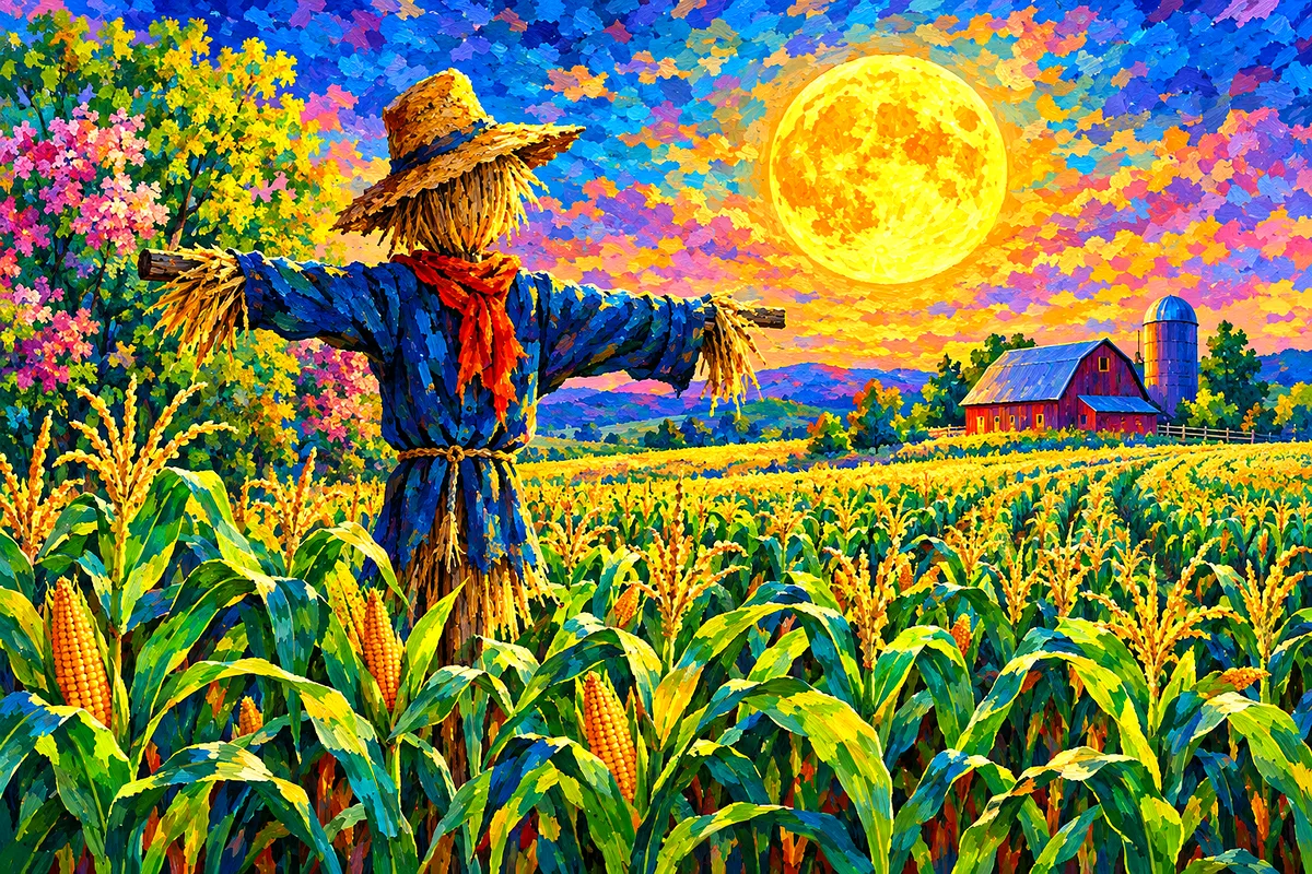 Impressionistic diamond painting depicting a bright spring harvest moon casting dappled light over a green cornfield at night, with radiant colors.