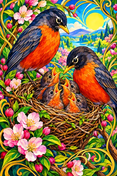Art Nouveau poster illustration of three baby robins in a spring nest, surrounded by flowing ornamental lines and rich jewel tones, in a portrait orie