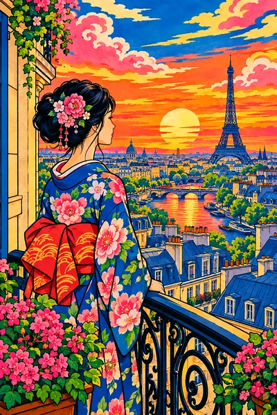 Portrait view of a diamond painting depicting paris-style rooftops at sunset in a traditional Japanese woodblock print style with bold outlines and fl