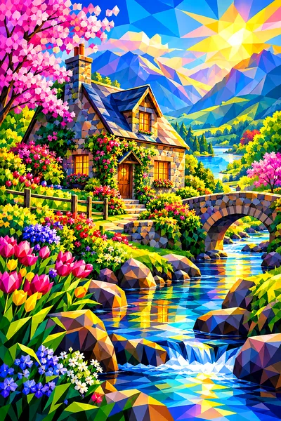 Faceted low-poly diamond painting depicting a stone cottage by a stream in spring with dramatic rim lighting and deep contrast, in portrait orientatio